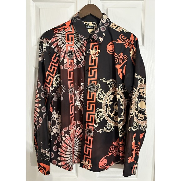 Calvino Other - Calvino Mens Black Coral Baroque Print Button Up Shirt Size Medium